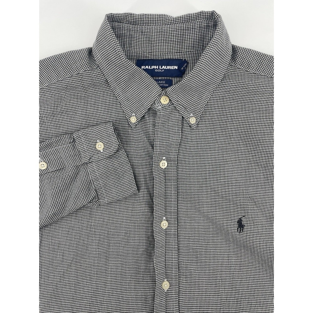 Ralph Lauren Golf Shirt Mens Lg Black White Houndstooth Blake L/S Preppy Classic